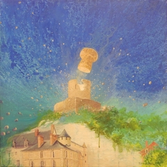 Acrylique sur toile, 60 x 60 cm peint sur motif, N� 5 Le bouchon de Champagne saute, fait exploser une partie du mur du donjon du Ch�teau de La Roche-Guyon.
