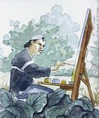 in a cabbage patch, while working at the painting at left, sketche by Frederic Lere.